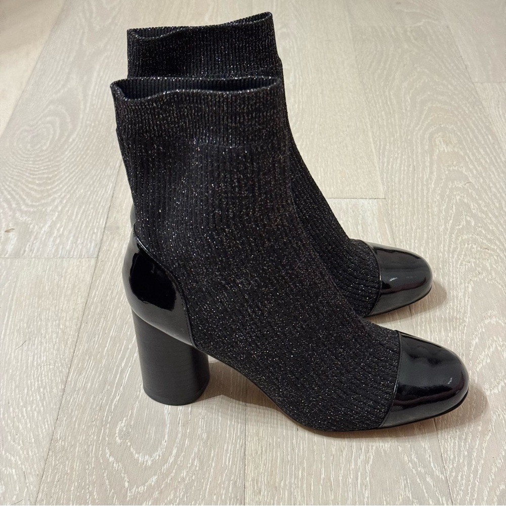 Sandro Paris Lyv Glitter Black Sock Boots with  Patent Leather Captoe - like new - Picture 2 of 6